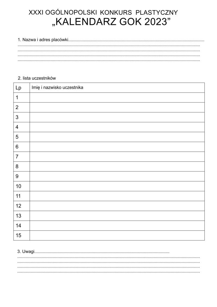 lista zbiorcza kalendarz 2023